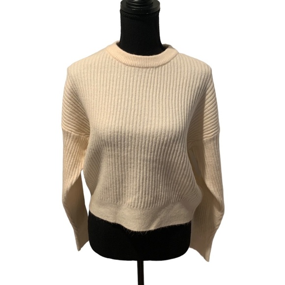 Elodie Ribbed Crew Neck Cropped Sweater Ivory Medium NWT - Picture 1 of 6